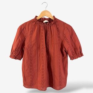 Universal Thread Knit Top Size XS Puff Sleeve Rust Red Brown Eyelet Lace